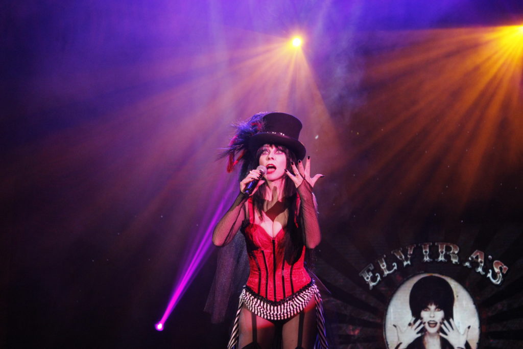 Elvira showing off one of her signature poses in her new show Elviras Big Top. Photo credit: Alexandra Schegetz