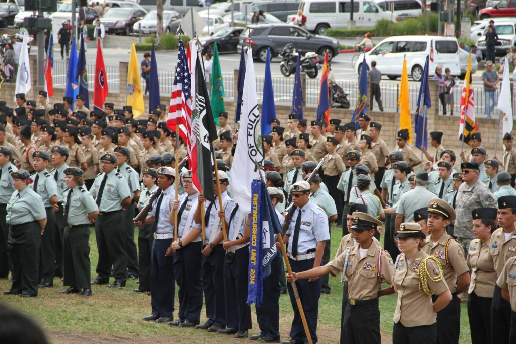 High school JROTC cadets from Buena Park, Fullerton, Troy, La Habra and Sonora stand at attention on Tuesday Nov. 11 for Fullertons Veterans Day celebration. Photo credit: Martin Becerra