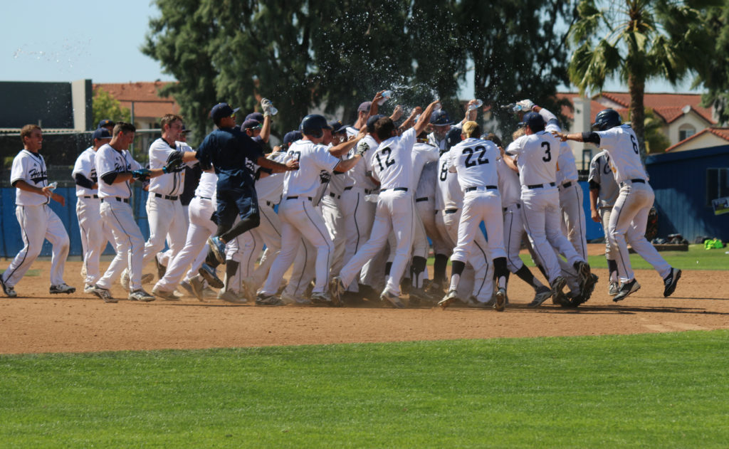 The Hornets baseball team celebrate their sweep of rival Chargers after 16 inning victory on Saturday. Photo credit: Teren Guerra