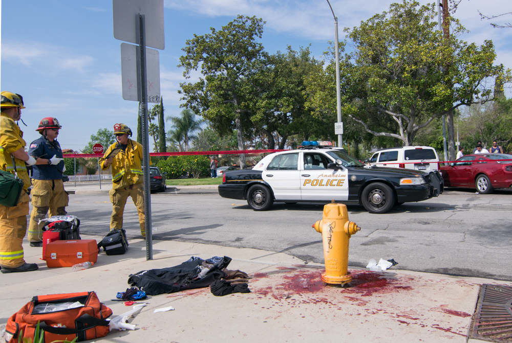 Scene of where the man was stabbed after charging KKK member, at Pearson Park in Anaheim Photo credit: Cory Irwin