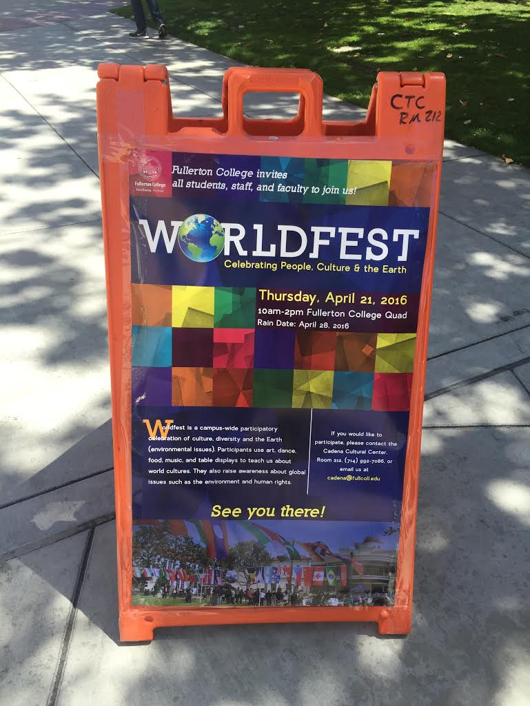 The 5th annual Worldfest event is promoted all around Fullerton College and will take place on the quad on April 26. Photo credit: Mara Nogales