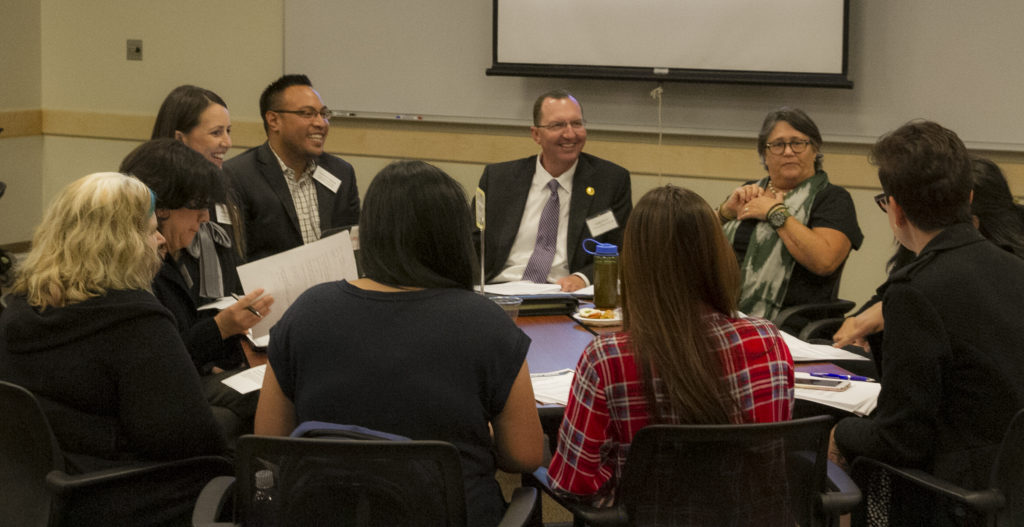 President Schulz engages in a roundtable discussion on college preparedness at Fullerton College on Tuesday evening. Photo credit: Jason Burch