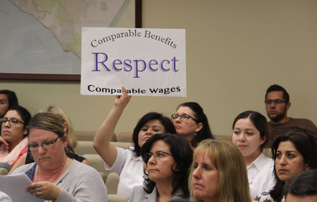 Teachers show up to the North Orange County Community College District Board of Trustees meeting Tuesday, May 10 to discuss low wages and benefits. Photo credit: Jacquelyn Valdez