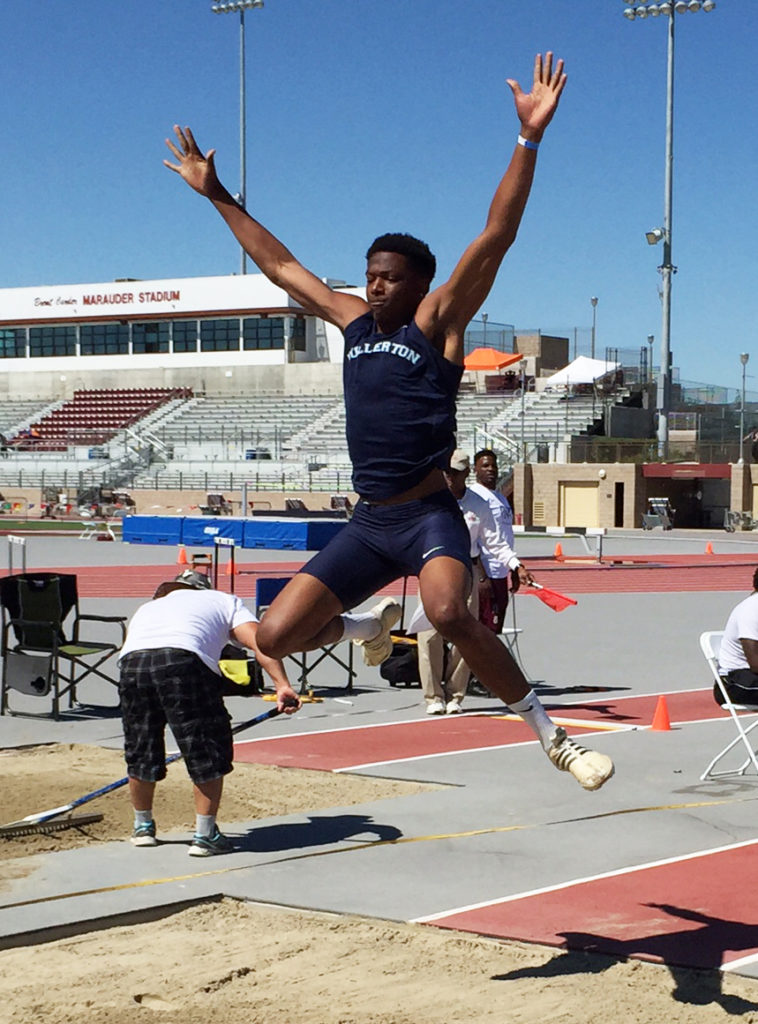 Justin Walker won the mens long jump with a mark of 7.40 meters at the SoCal Regional Championship hosted by Antelope Valley College Photo credit: Antelope Valley College