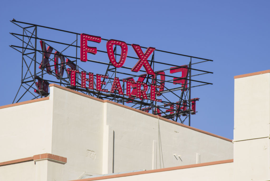 The fox theater sign located in downtown Fullerton still standing tall after shutting down in 1987.