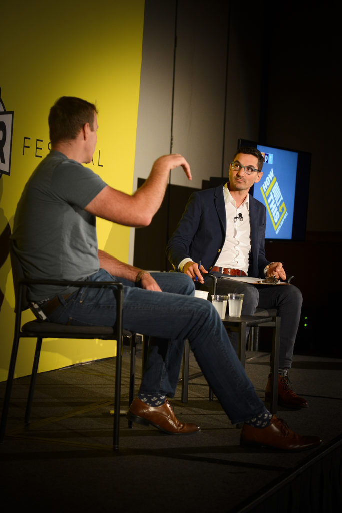 Guy Raz interviews Ethan Browne, CEO and founder of Beyond Meat at NPRs How I Built This live podcast at the first ever Now Here This Podcast Festival. Photo credit: Carly Otness