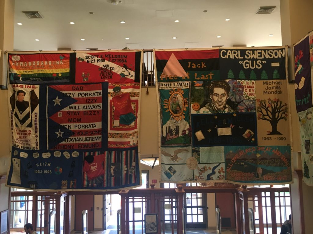 Panels from The World AIDS Day Quilt, hanging in the Fullerton College Library. Photo credit: Jeff Watson