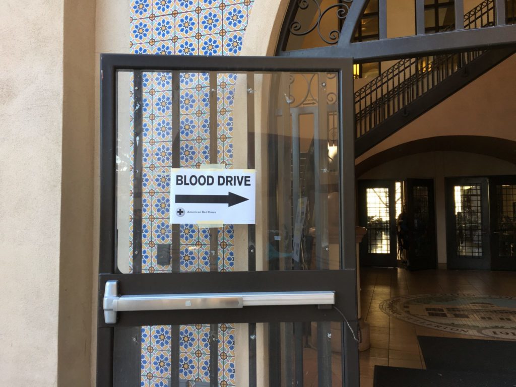 Signs pointed the way to the blood drive being held in the College Center on March 8-9. Photo credit: Katarina Scalise
