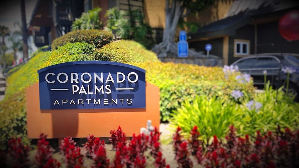 The Cornado Palms Apartments Signboard located in the front of the complex. Photo credit: Yelp