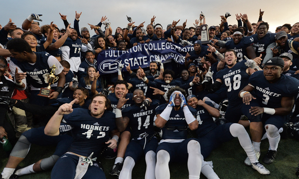 The Fullerton College Hornets celebrate after their 2016 State and National Title victory. Photo credit: Fullerton College Administration