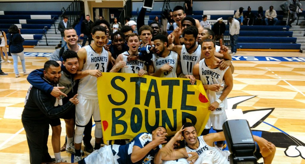 The Hornets excited to be state bound after the win against Chaffey College. Photo credit: Noah Jimerson