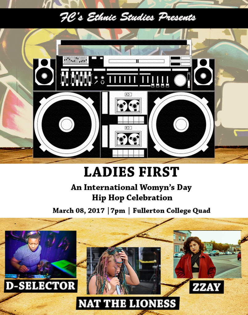 The Ladies First event will be held in the Fullerton College quad on March 8 as an International Womyns Day hip-hop celebration. Photo credit: Ethnic Studies Department