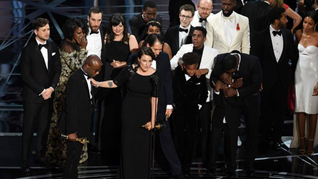 The cast of Moonlight accepted their award for Best Picture at the 89th annual Academy Awards on Sunday, Feb. 26 after the announcement mix-up with La La Land. Photo credit: Getty Images