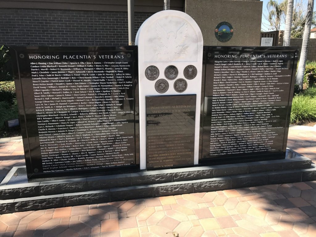 Unveiled in 2011, the Veterans Monument has been honoring those who have served from Placentia, but needs to be expanded to accommodate more names. Photo credit: Samantha Storrey