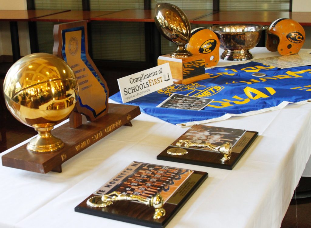Hornet athletics memoribilia such as National Championship trophies and plaques on display at the Hall of Fame ceremony. Photo credit: Bailey Long