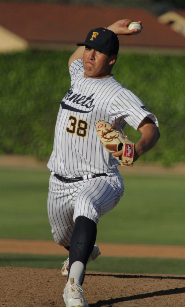 Sophomore pitcher Christopher Sanchez representing Fullerton Hornet baseball. Photo credit: Bailey Long