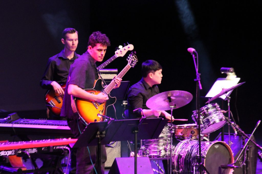 Alex Grant (left), Chris Alcantar (middle) and Doeun Seo perform at the Jazz Combo concert on Thursday, April 6, 2017. Photo credit: Ayrton Lauw
