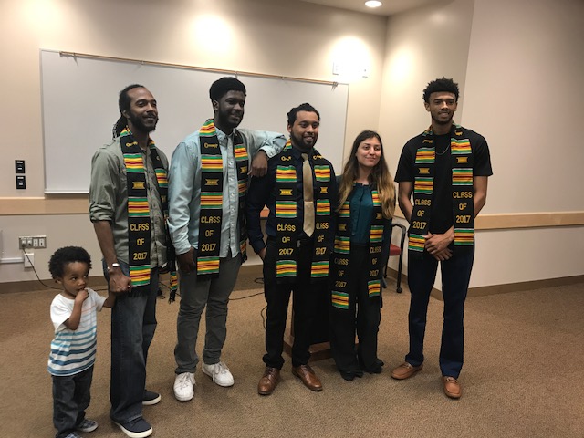 UMOJA students (Listed from left to right) Brian Fort, Trevor Palmer, Josh Quinonez, Estee Howsar and Mitch Vines all received awards for their excellence in the program. Photo credit: Jennifer Pinckard