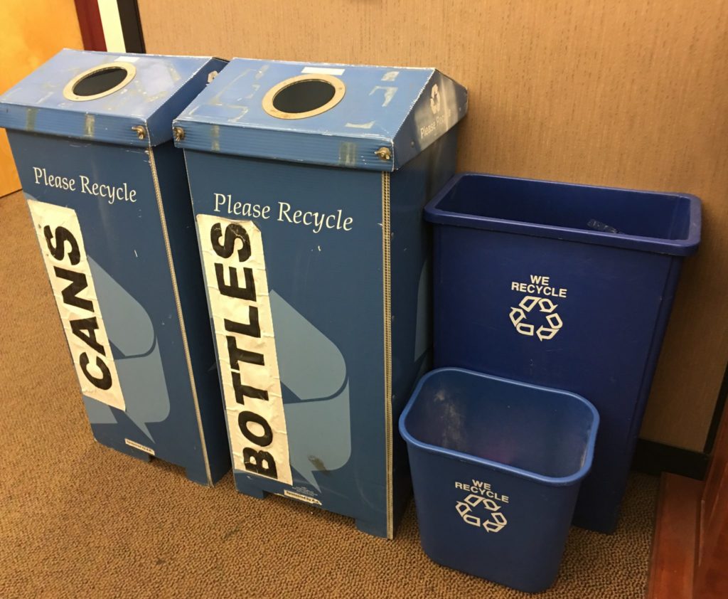 The Associated Students room has one of the only recycling bins on campus. Photo credit: Lann Nguyen