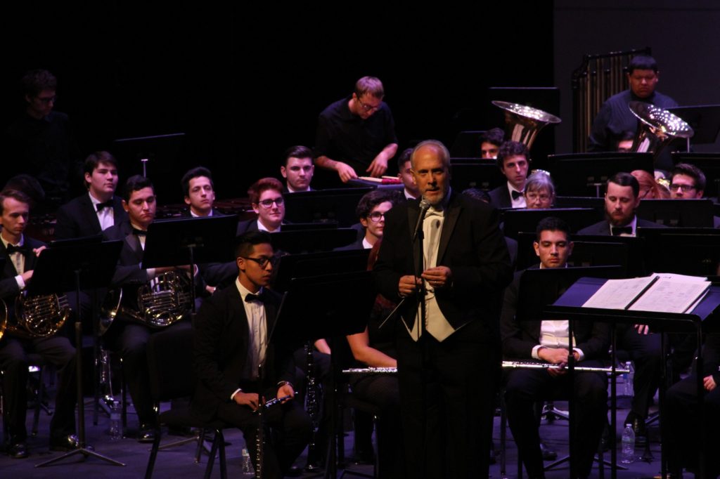 Director Anthony Mazzaferro talks to the audience before the Symphonic Winds perform their next piece on October 26, 2017. Photo credit: Ayrton Lauw