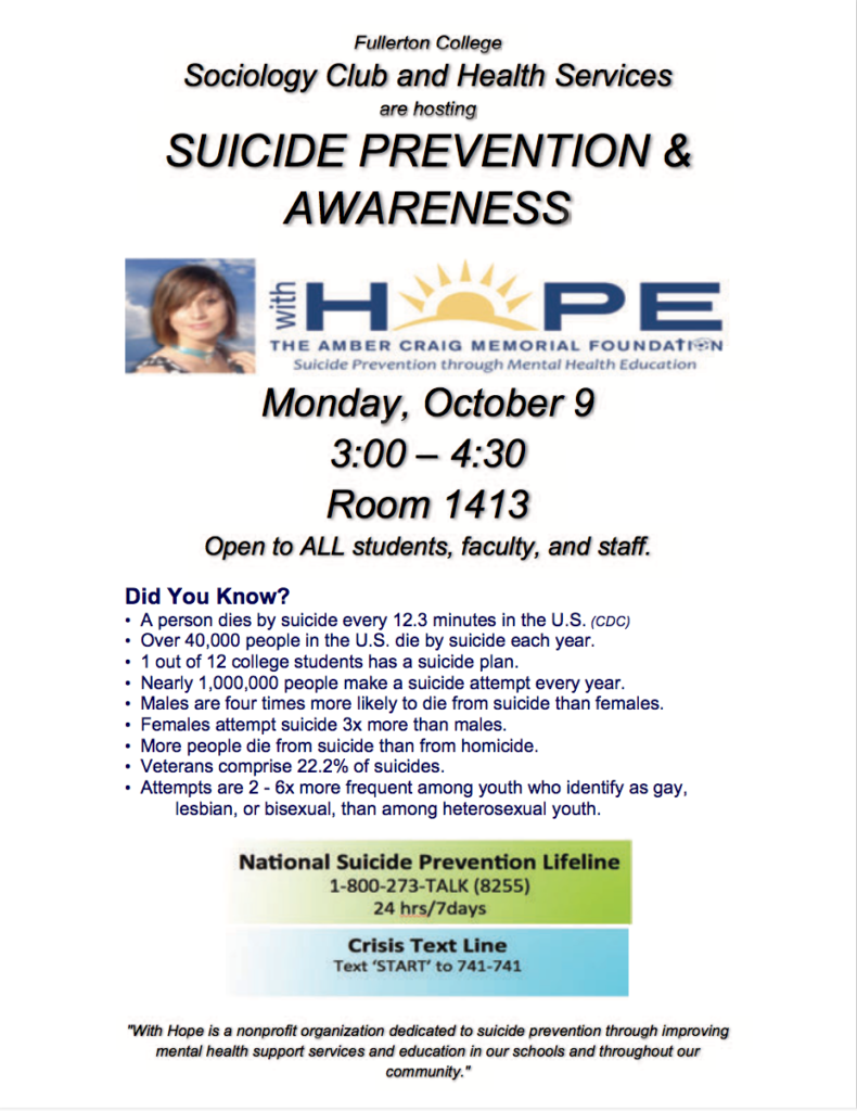 FCs sociology club and health services will host a suicide prevention and awareness event on Monday, Oct. 9 from 3:00 to 4:30 p.m. Photo credit: Fullerton Sociology Club