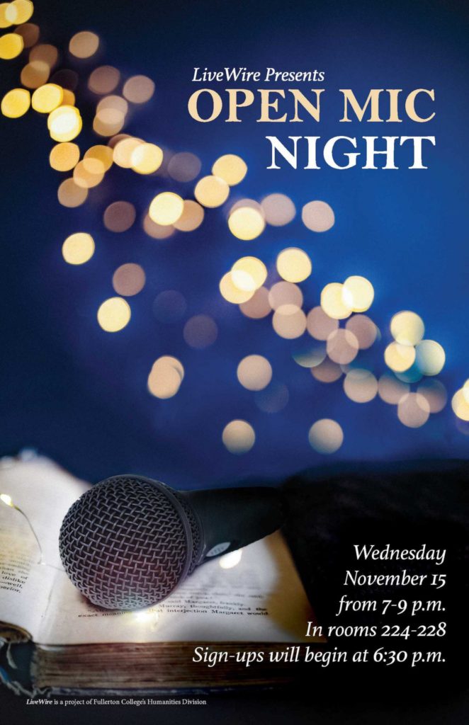 Join FC LiveWire for their biannual Open Mic Night at Fullerton College on Nov. 15. Photo credit: Courtesy of FC LiveWire
