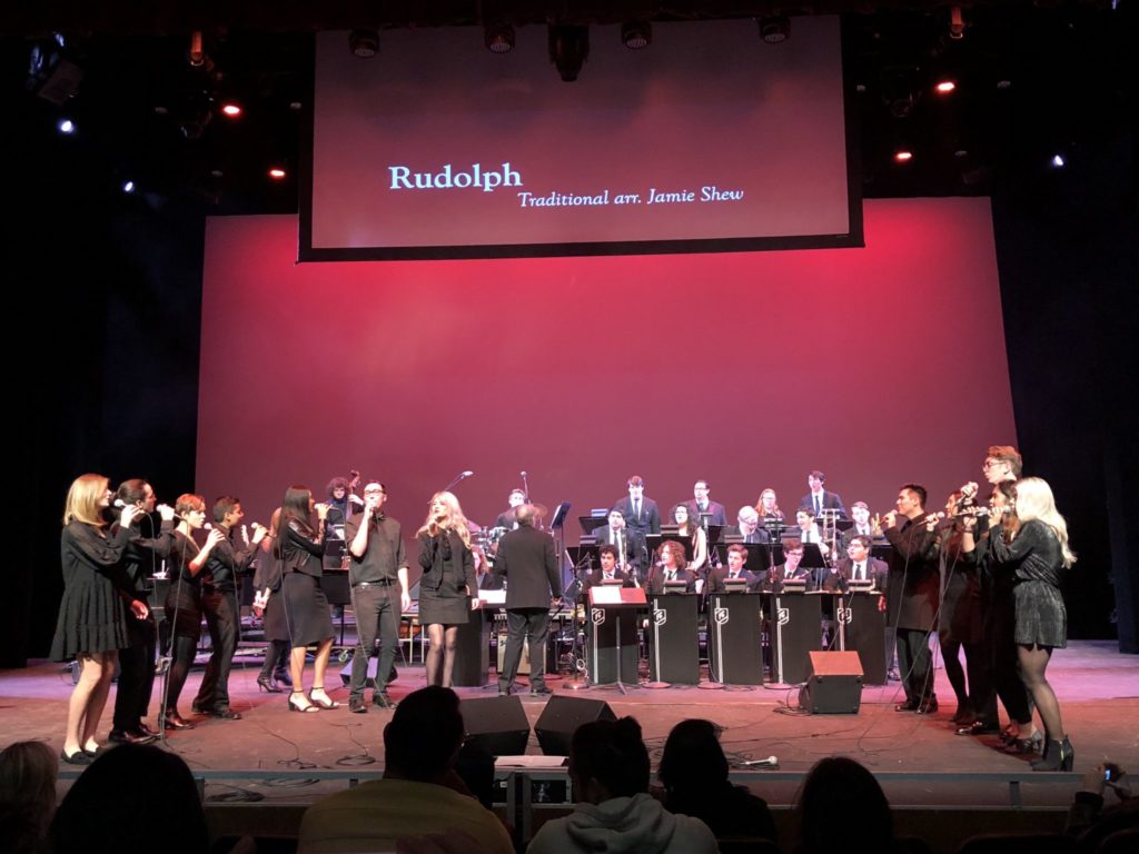 The J Train Vocal Jazz and Jazz Band performing Rudolph The Red-Nosed Reindeer arranged by Jamie Shew. Photo credit: Edwin Flores