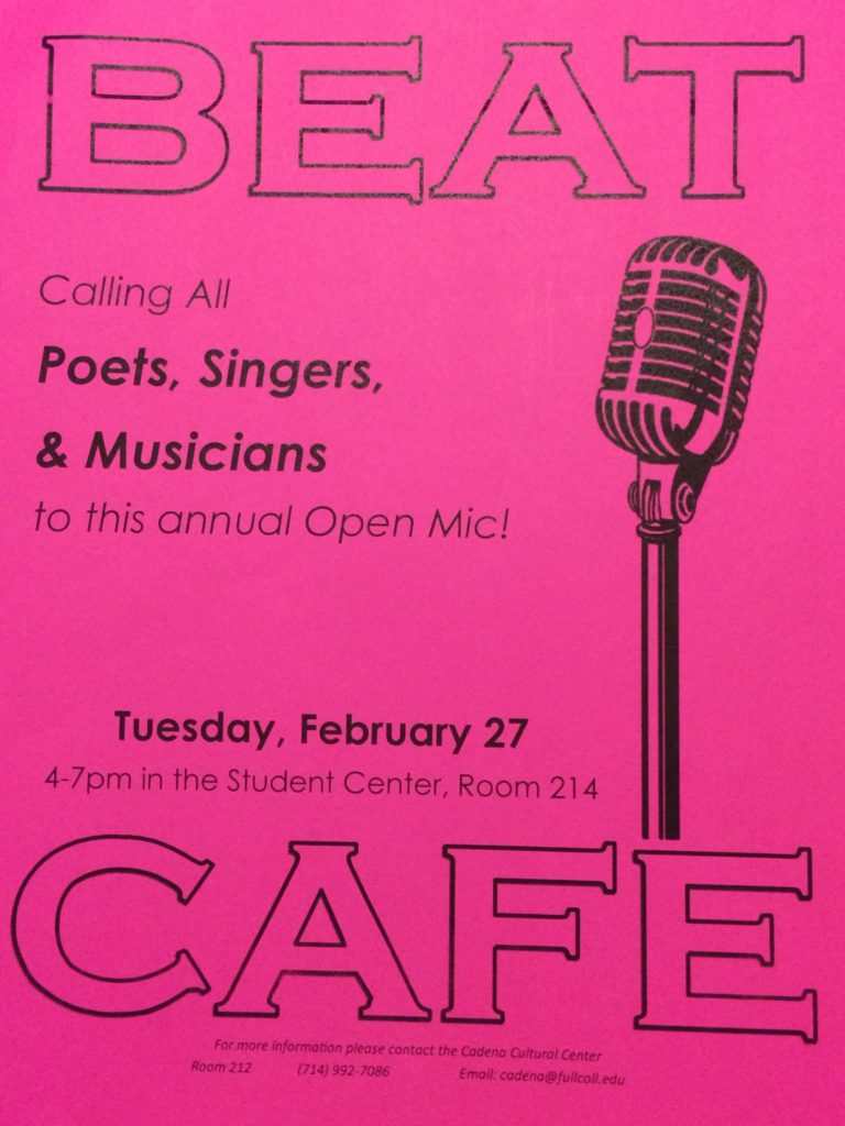 Beat Cafe Presents Open Mic at Fullerton College and everyone is invited to watch or join in on the fun. Photo credit: Anthony Robles
