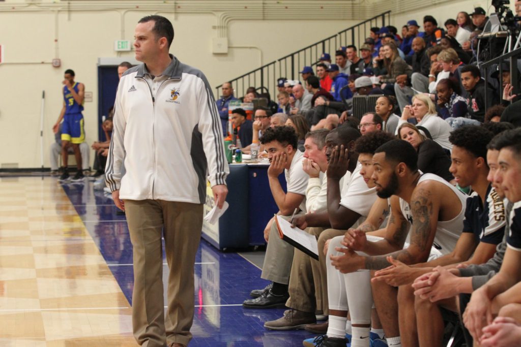 Hornets Coach Perry Webster looks on as his team is tied going into overtime. Photo credit: Tameka Poland