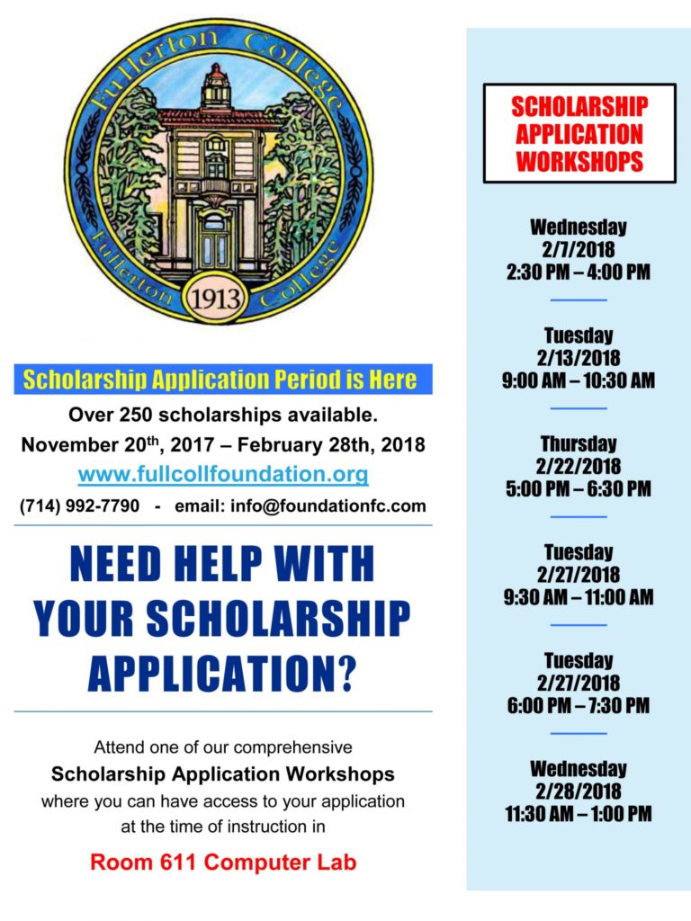 Fullerton College Scholarship Application Workshop Flyer Photo credit: Fullerton College Administration