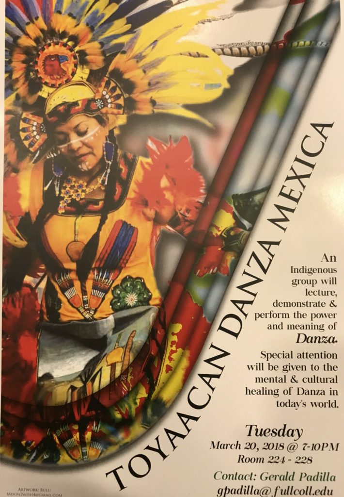 Toyaacan Danza Mexica lecture and demonstration to be held Tuesday, Mar. 20, at 7-10 p.m. in Room 224 Photo credit: Kimberly Solis
