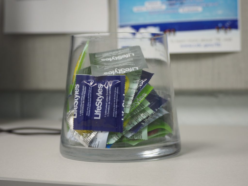 Condoms in a jar at the Fullerton College health center. Photo credit: Anthony Robles