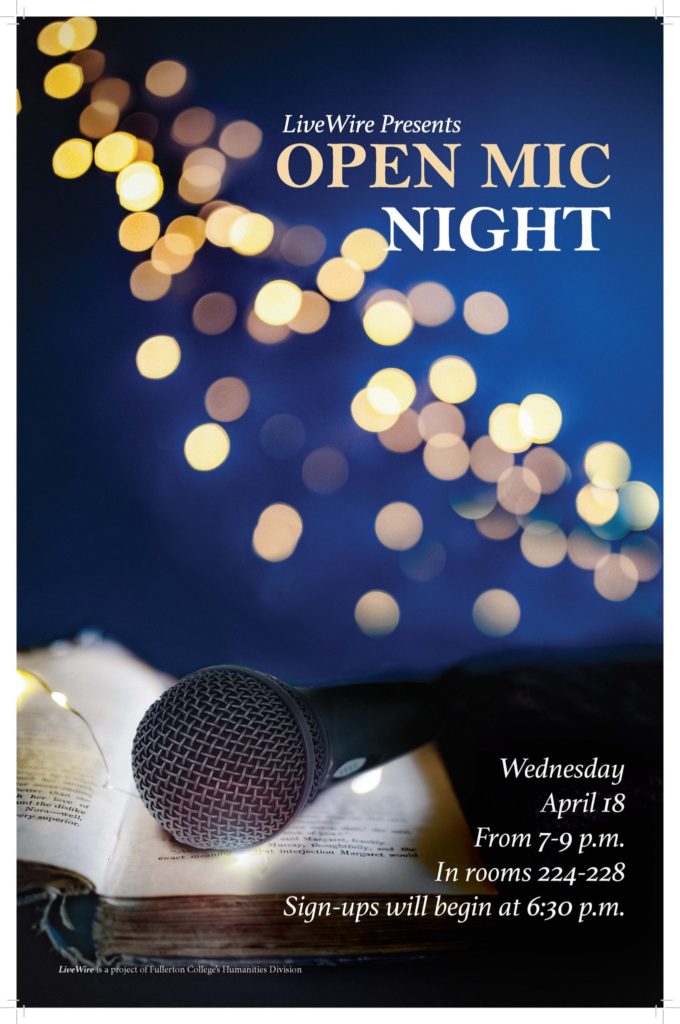 LiveWire presents OpenMic night on Wednesday, April 18, from 7-9PM, in rooms 224-228 Photo credit: FC LiveWire