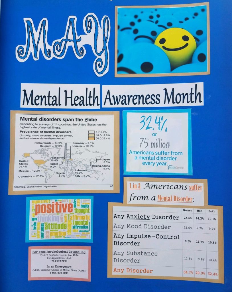 Mental Health Awareness Month here at Fullerton College. Be sure to stop by and have a snack while taking a break from finals to relax and meditate. Photo credit: Tameka Poland