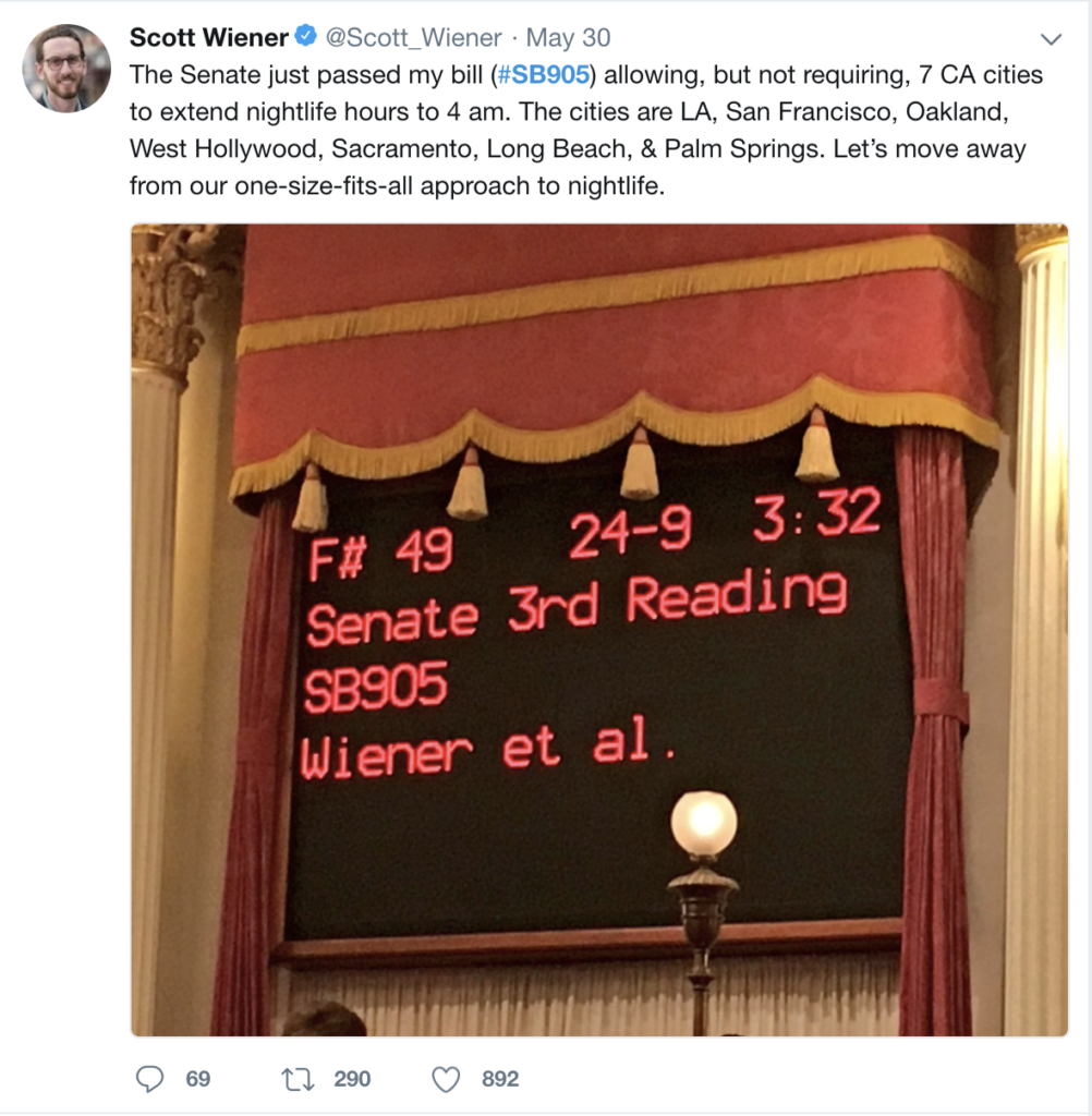 Scott Wieners bill was just passed allowing the drinking time to be extended to 4 a.m.