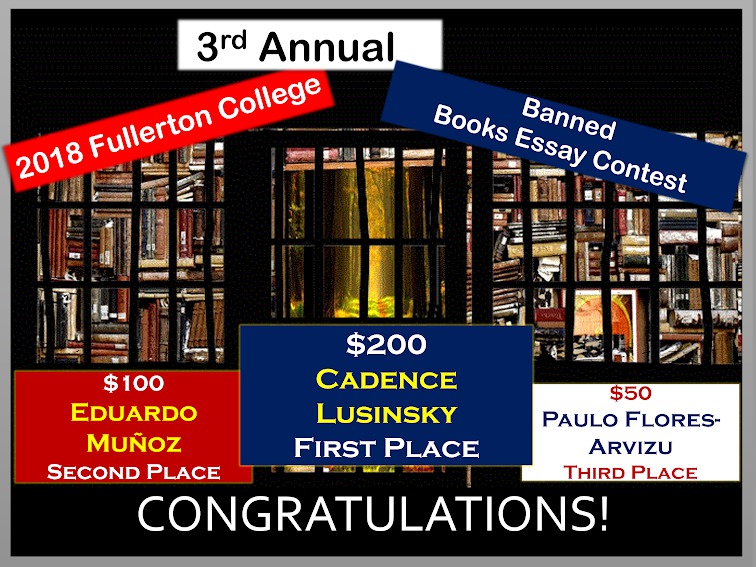 The winners of the third annual Banned Book contest are Cadence Lusinsku, Eduardo Munoz, and Paulo Flores-Arvizu. Photo credit: FC Library