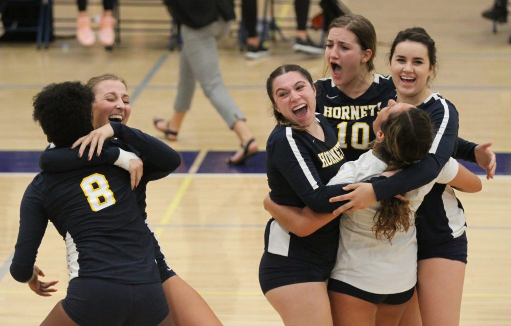 Womens volleyball celebrates their win against Cypress College Wednesday, Nov. 7. Photo credit: Ciera Chavez