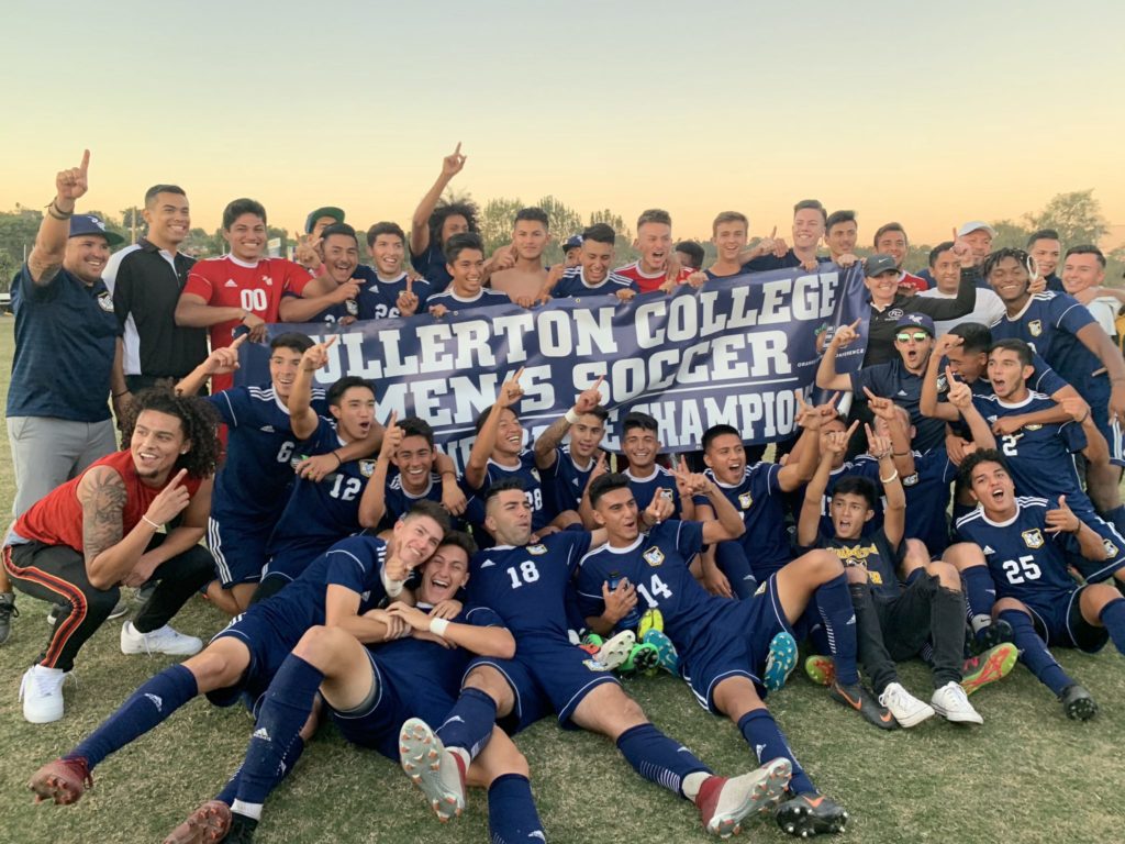 The men’s soccer team beat Golden West, 2-0, taking the 2018 Orange Empire Conference Title. Photo credit: Ciera Chavez