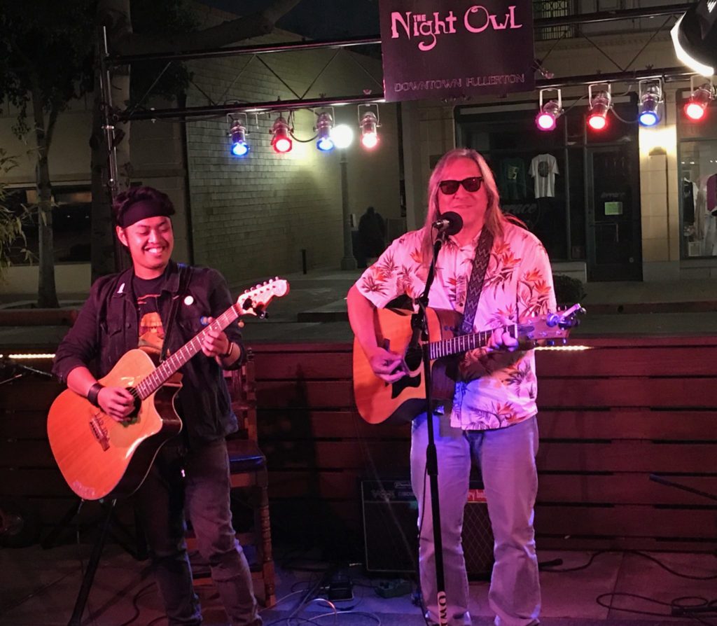 Rafael-Carlo Serrato and Tim Frances perform a duet at the Night Owls Open Mic night. Photo credit: Teann Williams
