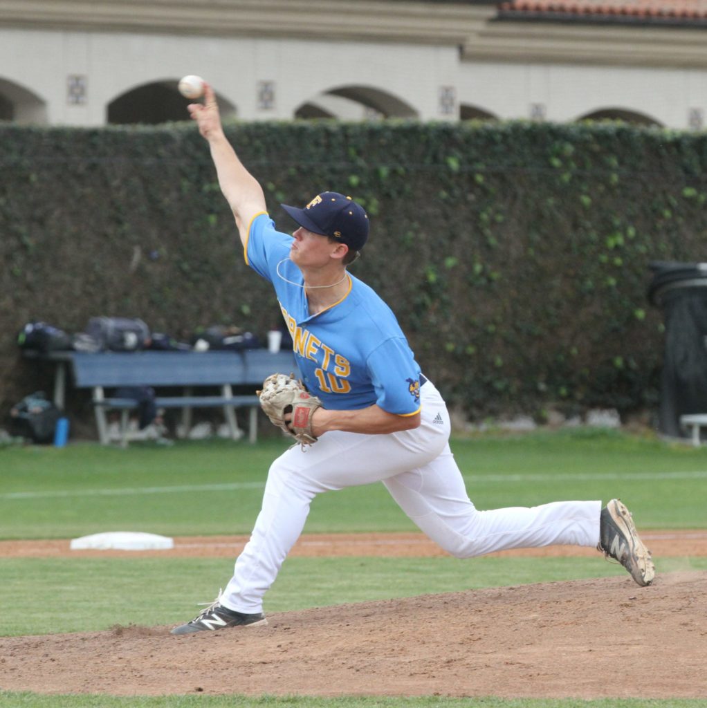 Hornet sophomore pitcher Taed Heydinger struck out five batters in the Hornets victory against Cerro Coso on Thursday, Feb. 28. Photo credit: Bovie Lavong