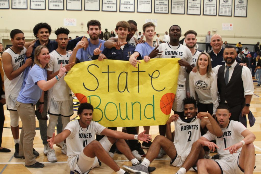 Fullerton mens basketball advance to the CCCAA State Championships after beating Southwestern 67-64 on Saturday, Mar. 9. Photo credit: Bovie Lavong