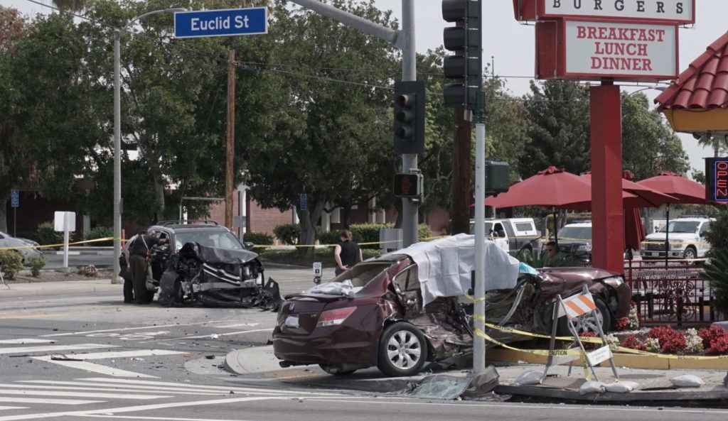 A deadly collision occurred on the intersection of Euclid and Valencia in Fullerton, CA. Local police reported the driver of a stolen black Toyota (left) to have been under the influence of drugs.
