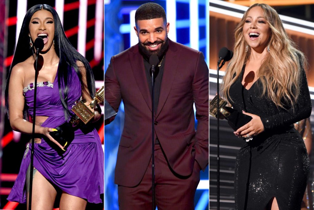 The 26 winners of the Billboard awards included big names like Cardi B, Drake, and a special award for Mariah Carey. Photo credit: entertainment weekly