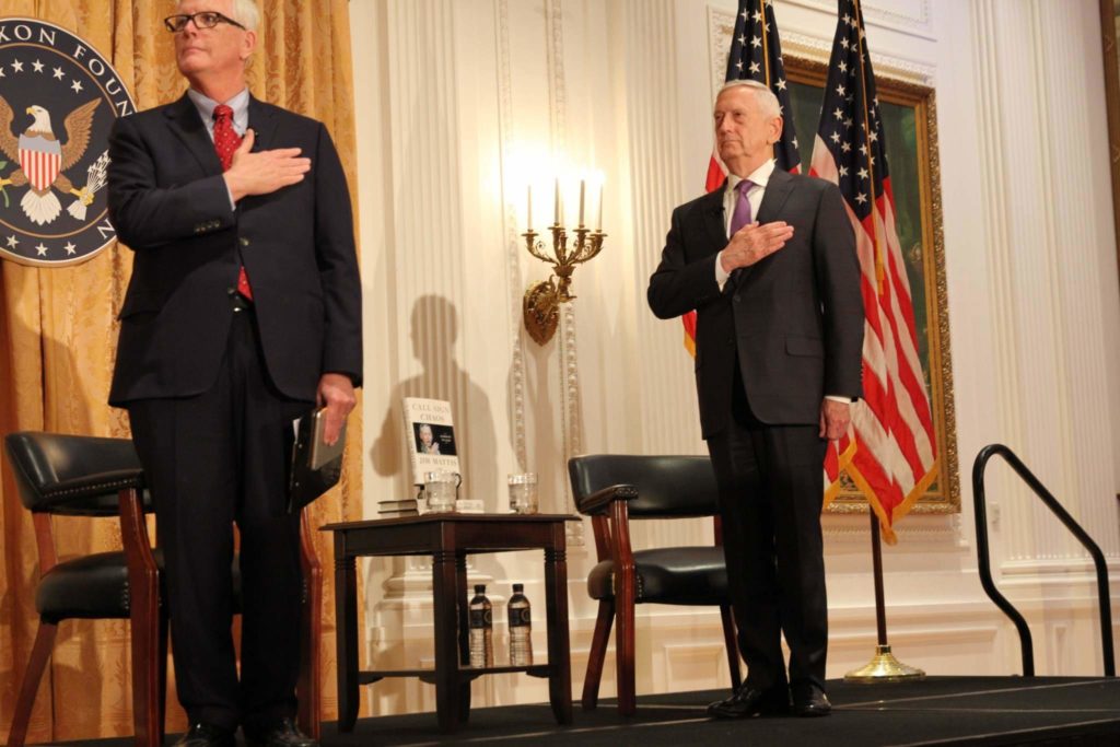 General James Mattis stands for the National Anthem at the Richard Nixon Library and Museum in Yorba Linda, Calif. on Sept. 13, 2019. Alongside him stands Hugh Hewitt. President and CEO of the Richard Nixon Foundation. Photo credit: Jennifer Despres