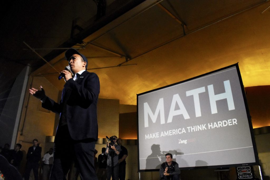 Andrew Yangs M.A.T.H slogan presented while he talks to the people of Los Angeles. Photo credit: Jose Vazquez