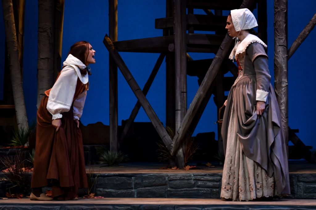 Child Pearl (Lilly Lucas) argues with her mother, Hester Prynne (Jane Greene). Photo credit: FC Theatre Department