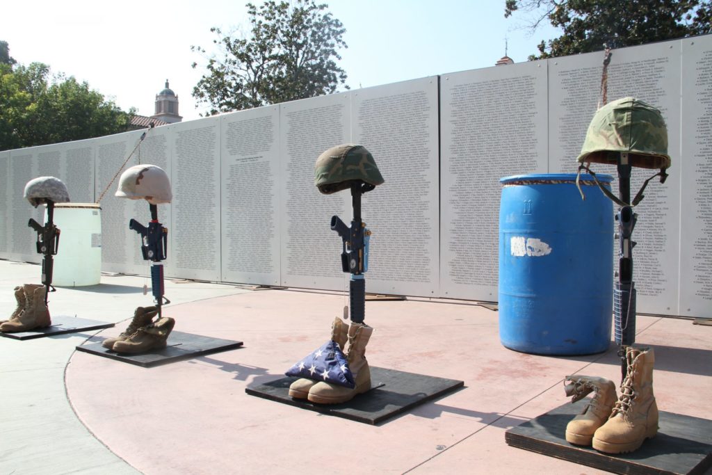 Veteran memorial display on the quad to the Fullerton College Campus. The wall has the names of those who lost their lives in 9/11 and the operations that stemmed from them. Photo credit: Joshua Bruner