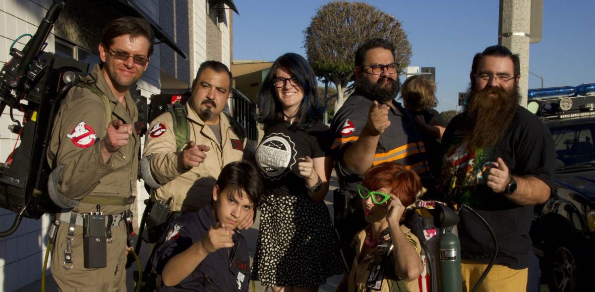 A group of cosplayers dressed up as the Ghostbusters at Comicbook Hideout’s 7th anniversary event posed with Glynnes Speak.
