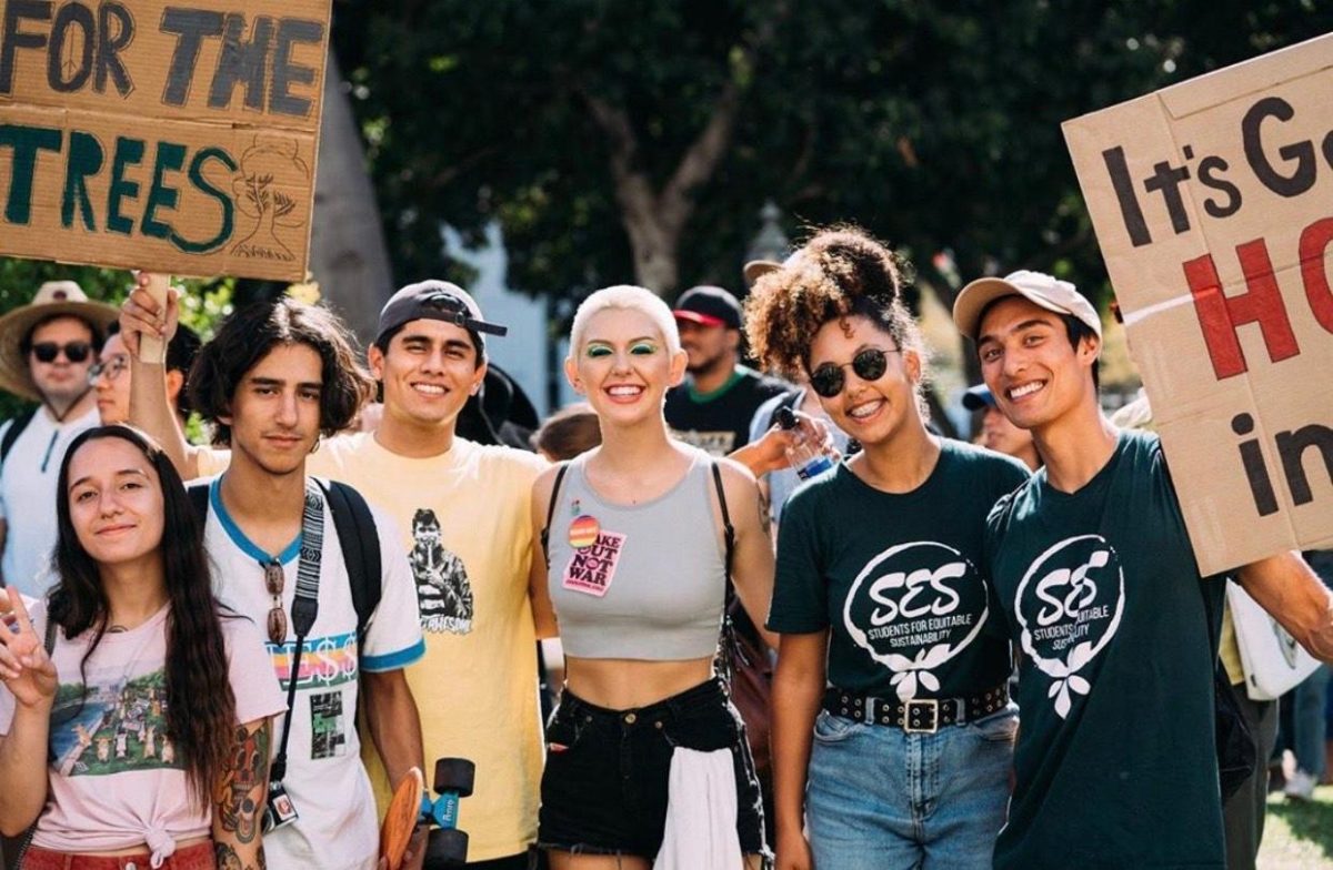 Chad Becker (right) and Emily Dewell (second from right) with other protesters at the Climate Strike in downtown L.A.