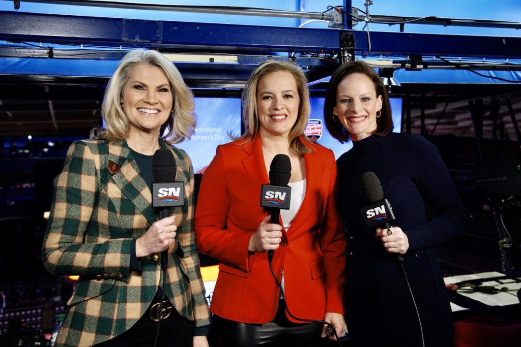 Leah Hextall, Cassie Campbell-Pascall, and Christine Simpson for the Sportnet broadcast of the Calgary Flames and Vegas Golden Knights game in Calgary. Photo credit: Sportsnet twitter page